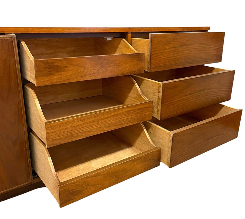 Vintage Mid Century Modern Walnut Toned Credenza with Cane Door Front and Dovetailed Drawers