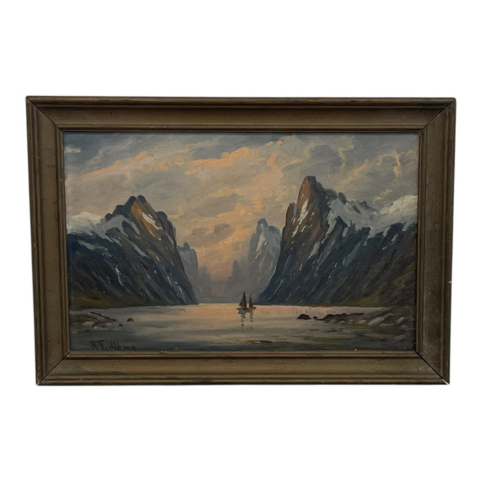 Vintage Signed K. Fjeilberg Mountain Landscape Painting with Sailboats in Gilt Wood Frame Possibly 1930s Norway