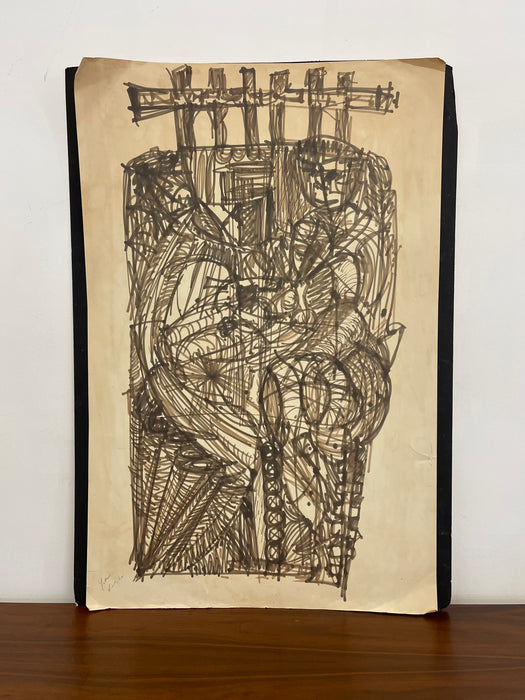 Vintage Abstract Figurative Ink Drawing on Paper, Signed Modernist Expressionist Artwork
