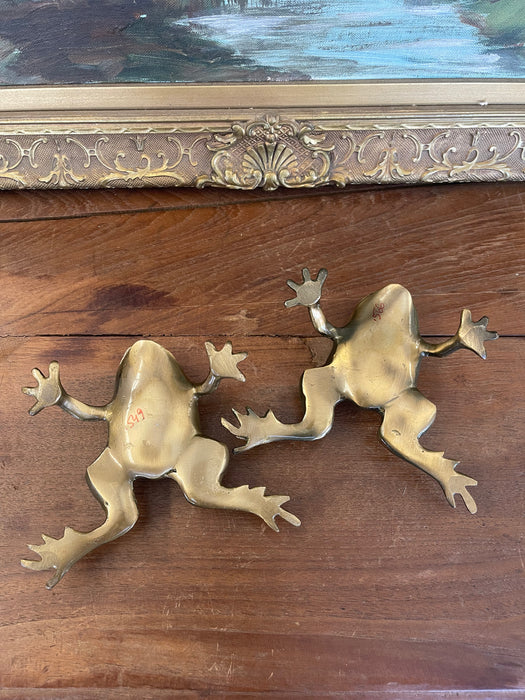 Pair of Vintage Brass Toned Crouching Frog Sculptures with Open Mouth and Textured Detailing.
