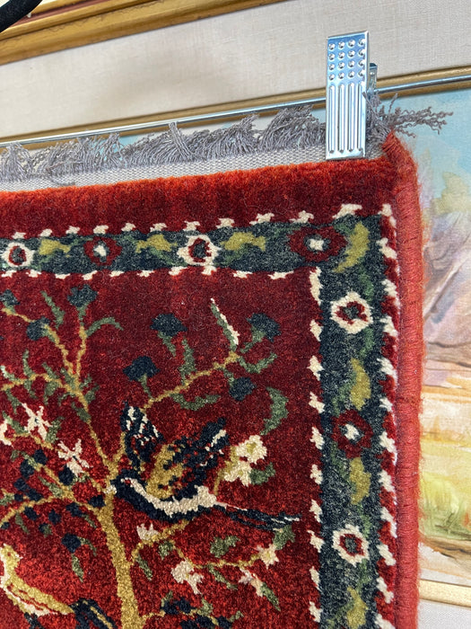 Vintage Handwoven Small Rug with Birds and Tree Motif, Folk Art Accent Mat.