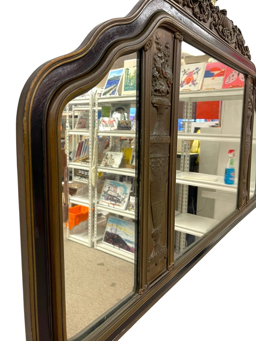 Antique Carved Wood Overmantel Mirror with Floral Urn Motifs and Scrolled Crest.