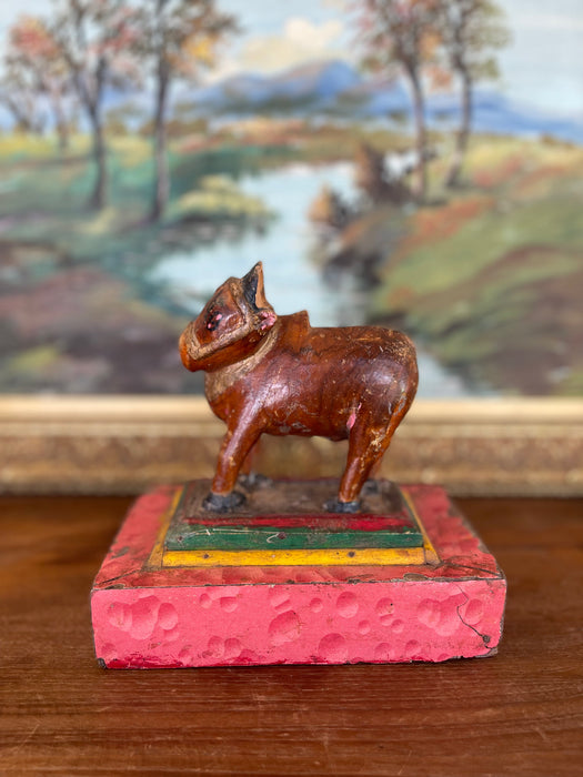Likely Antique Hand-Carved Wooden Cow Figurine on Painted Base - Folk Art Sculpture