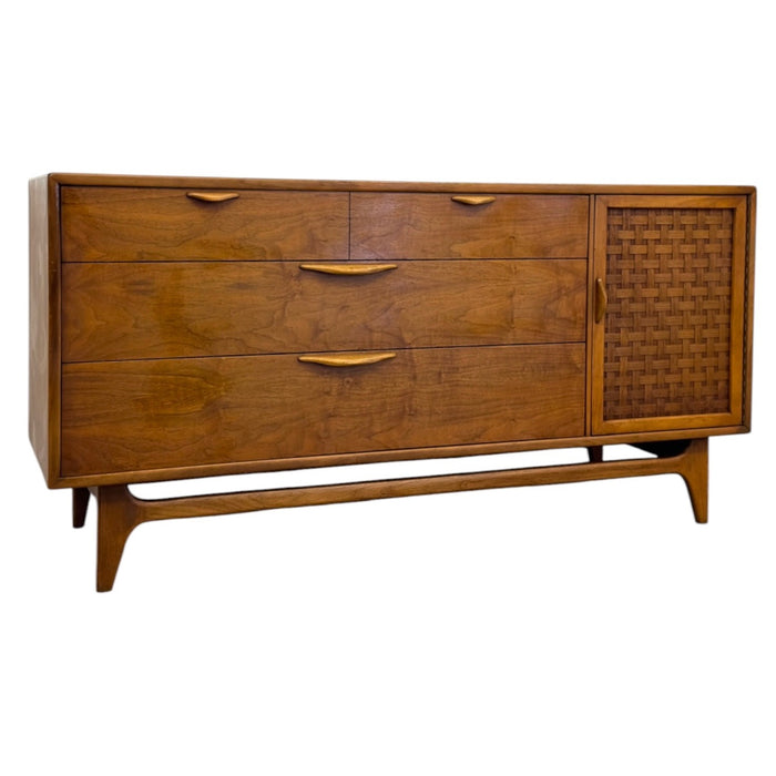Vintage Mid Century Modern Lane Perception Walnut Lowboy Dresser Credenza with Basketweave Door.