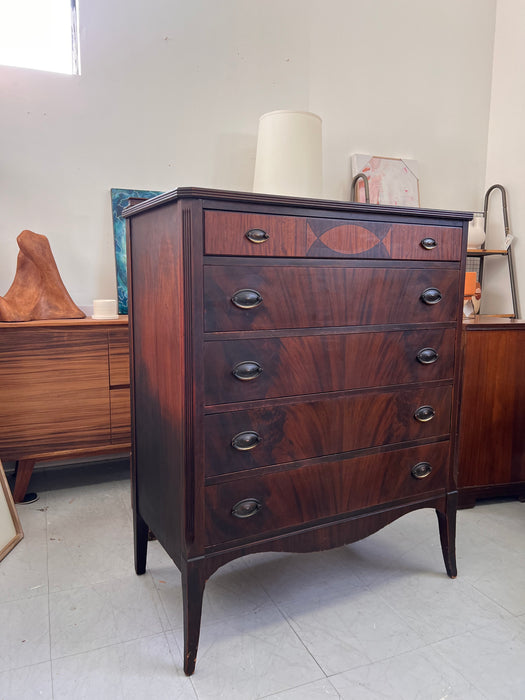 Antique American 5 Drawer Dresser or Chest with Flame Mahogany Wooden Drawer Fronts French Legs Inlaid Contrasting Veneers and Dovetailed Drawers