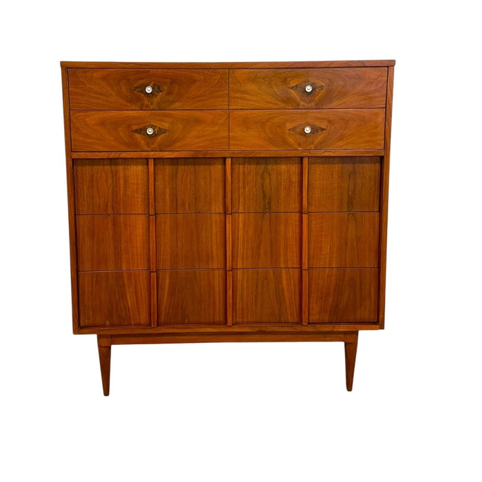 Vintage Mid-Century Modern Walnut 4-Piece Bedroom Set With Diamond Parquet Accent Inlay– Highboy, Long Dresser, & End Table Set