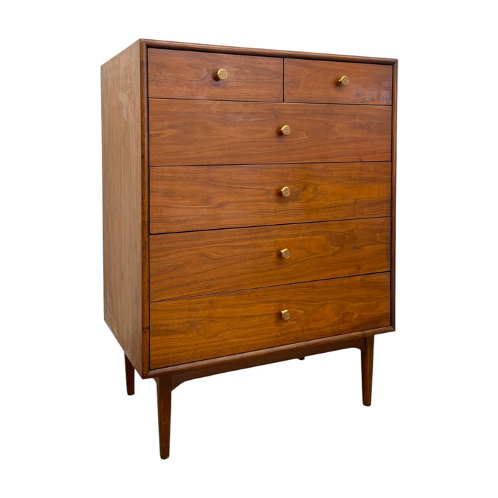 Mid-Century Modern Drexel Declaration Walnut Tallboy Dresser by Kipp Stewart – 6-Drawer MCM Chest