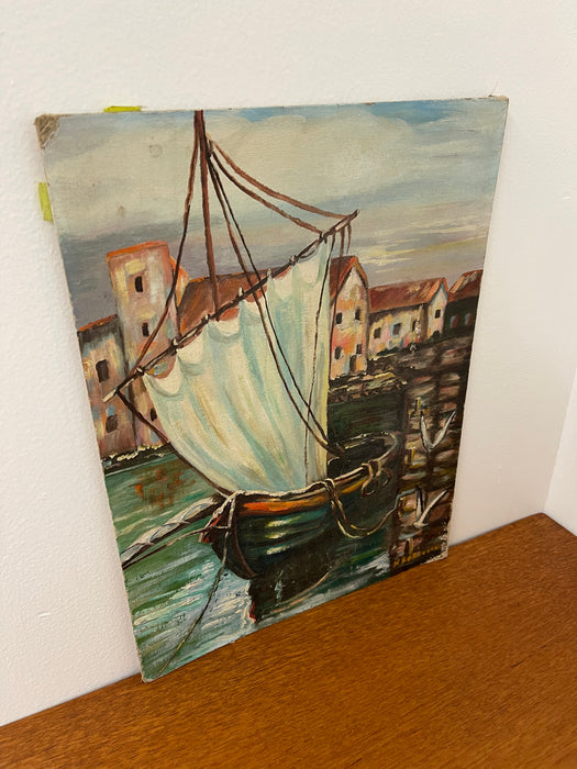 Vintage Impressionist Harbor Scene Painting on Canvas Board, Signed Ferguson, Coastal Sailboat Seascape