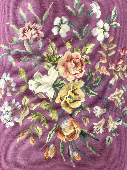 Vintage Upholstered Footstool Ottoman with Floral Needlepoint and Carved Wood Legs