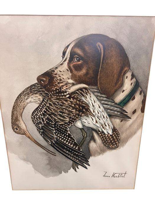 Pair of Original Hunting Dogs with Foul Watercolor Painting by French Artist and Cartoonist Jean Herblet Signed