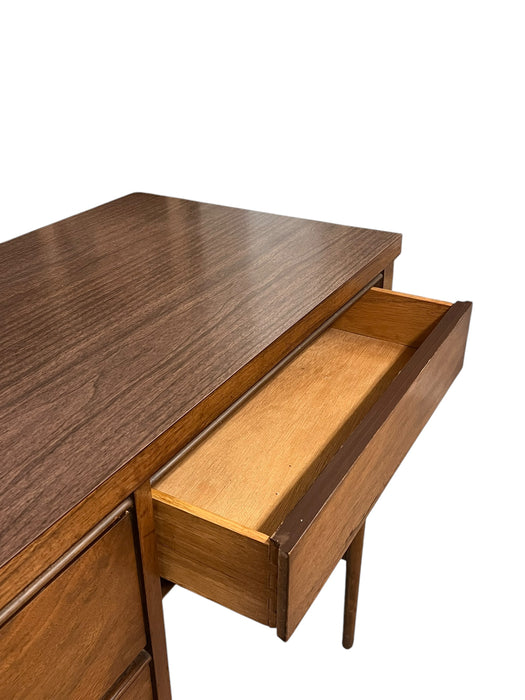 Vintage Mid Century Modern Wooden Desk with Four Dovetailed Drawers Walnut and Oak Sides with Durable Laminate Top