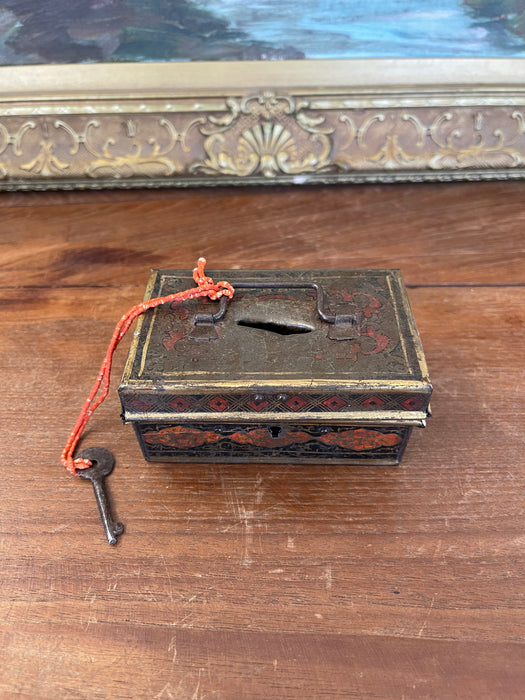Likely Antique Toleware Painted Tin Lock Box with Key, 19th Century