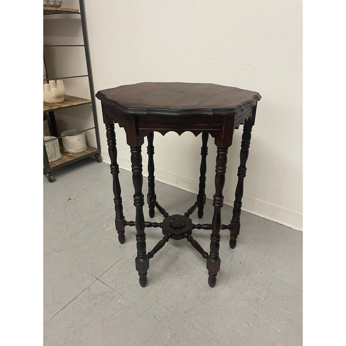 Vintage Hexagonal Carved Wooden Accent Side Table With Scalloped Legs