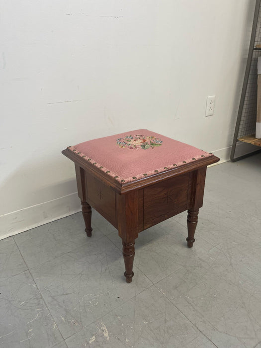 Vintage Needlepoint Embroidery Footstool With Wooden Base.
