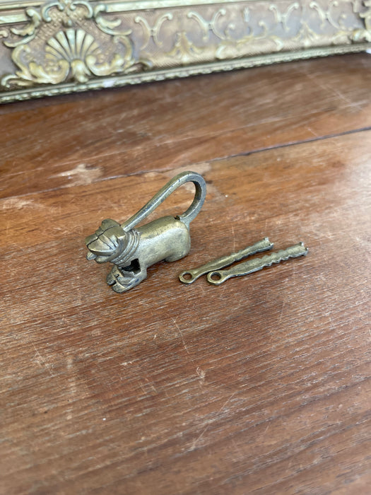 Antique Likely Brass Figural Dog Puzzle Lock with Original Keys, Early 20th Century