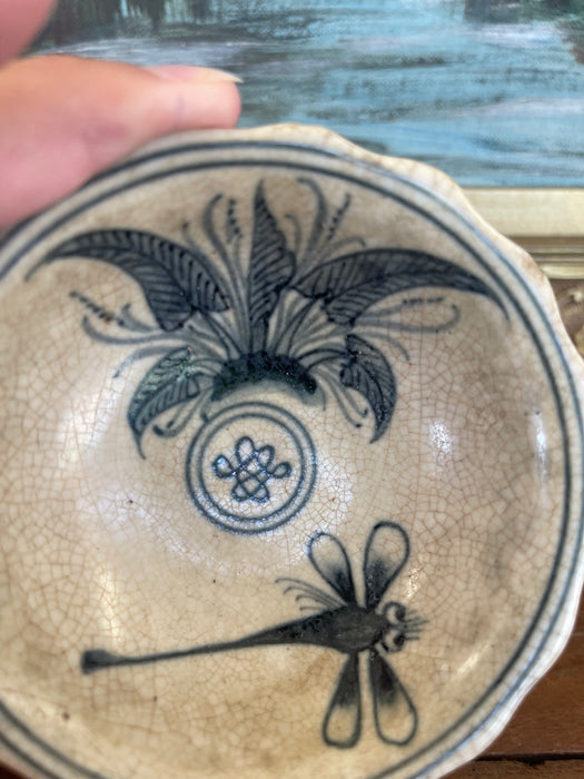 Vintage Vietnamese Ceramic Tea Bowl with Hand-Painted Dragonfly and Botanical Motif