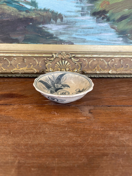 Vintage Vietnamese Ceramic Tea Bowl with Hand-Painted Dragonfly and Botanical Motif