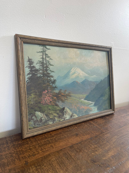 Vintage DELANE Signed mid Century modern style mountain painting on board.