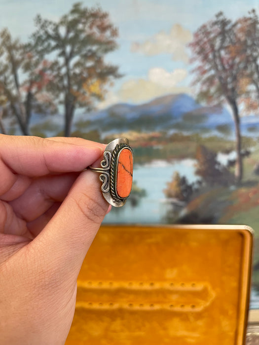 Vintage Adjustable Ring with Oval Orange Stone and Scrollwork Setting
