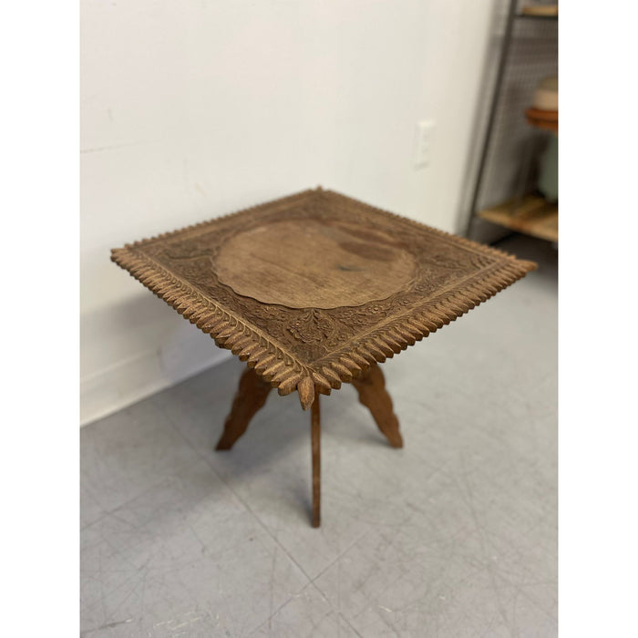 Vintage Carved Wood Side Table With Floral Motif