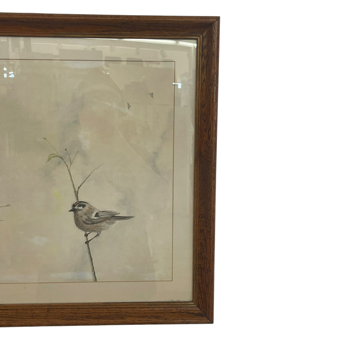 Vintage Framed Bird Illustration with Double Mat and Wood Frame Mixed Media