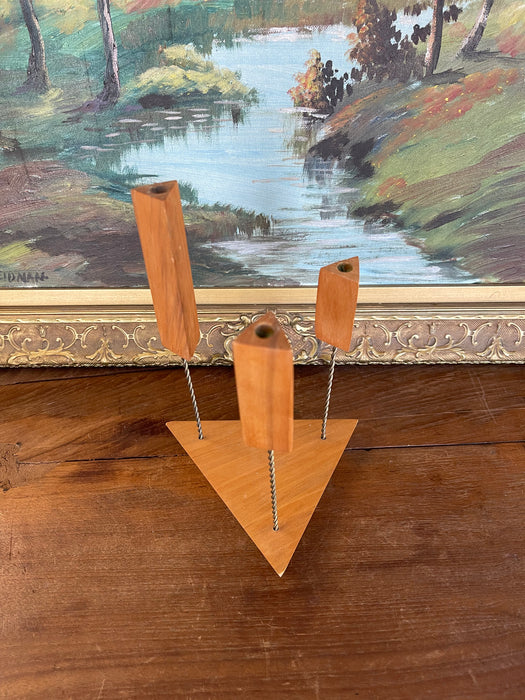 Mid-Century Modern Possibly Teak and Twisted Metal Triple Candle Holder with Geometric Base
