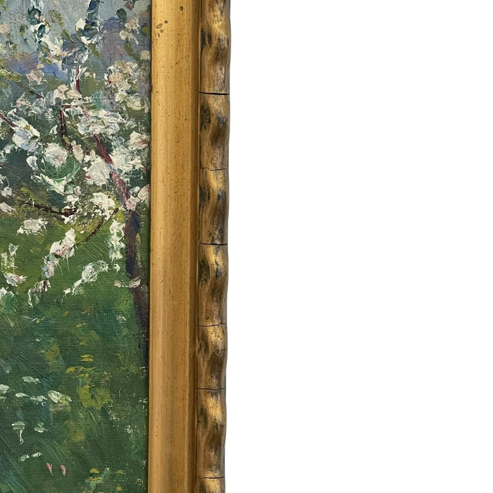 Vintage Impressionist Spring Landscape Painting with Stream in Gilt Toned Frame.