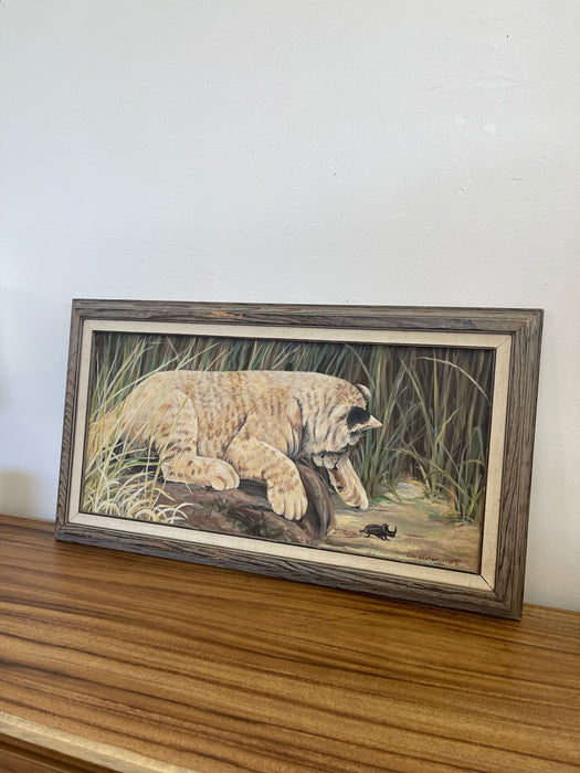 Vintage Original Framed and Signed Painting of Lion Cub by Lori Benton . Circa 1988s.
