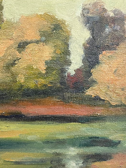 Signed Landscape Painting of Pond with Autumn Trees in Wood Frame