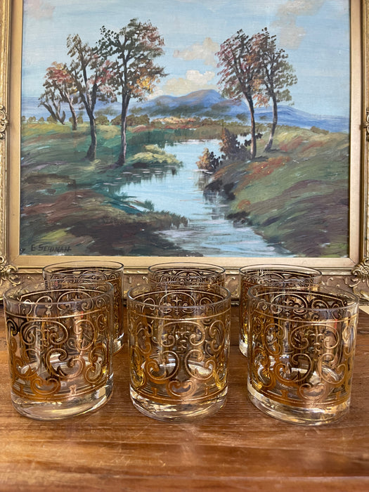 Mid-Century Georges Briard Lowball Glasses - Set of 6 Gold-toned Scroll Double Old Fashioned Tumblers