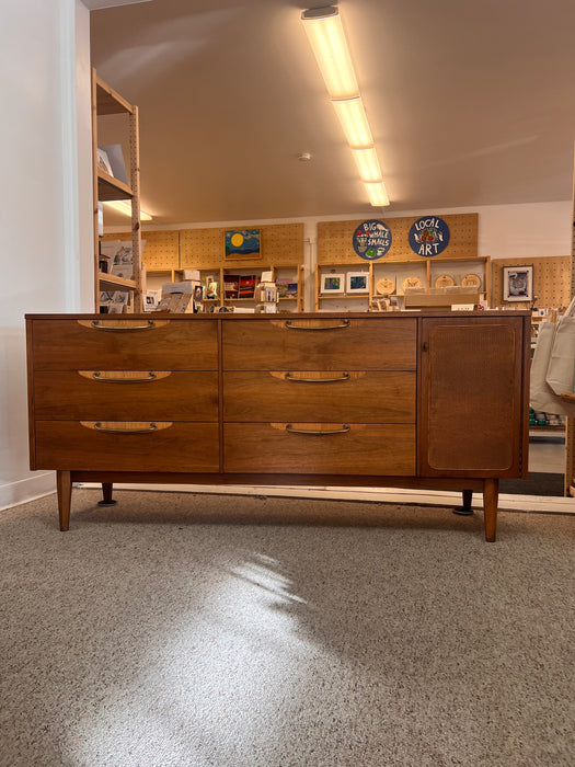 Vintage Mid Century Modern Solid Walnut Dresser with Six Drawers and aCabinet Brass Hardware by Lane Furniture Altavista Line