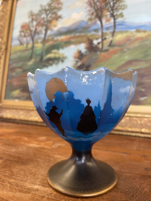 Vintage English Hand-Painted Pedestal Vase with Scenic Silhouette, Marked Made in England