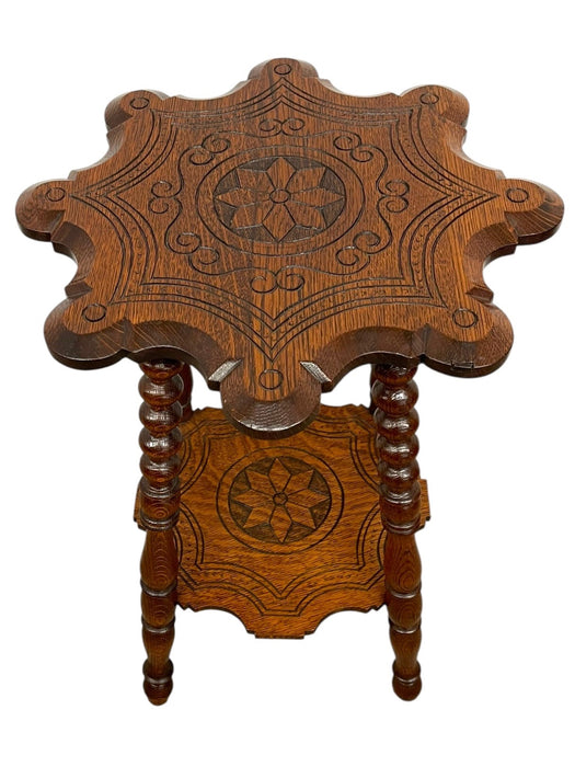 Vintage Carved Occasional Table with Barley Twist Legs and Inlaid Geometric Top & Shelf