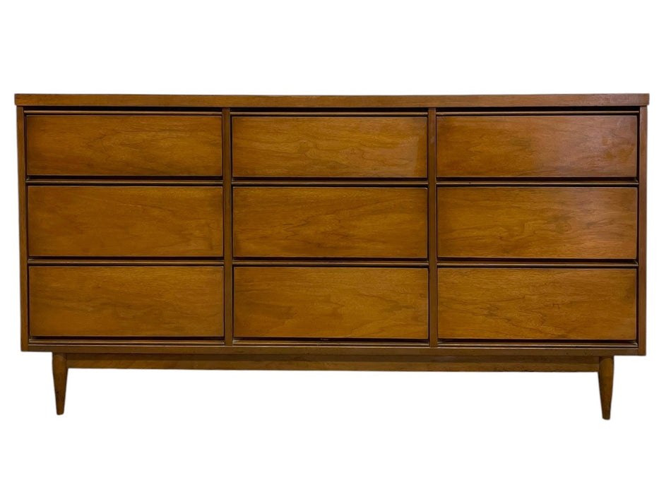 Mid Century Modern 9 Drawer Lowboy Dresser with Dovetail Drawers and Tapered Legs