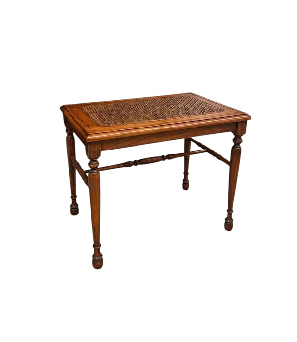 Vintage Traditional Wooden Accent Table or Decorative Bench with Turned Legs and Supports and Caned Top