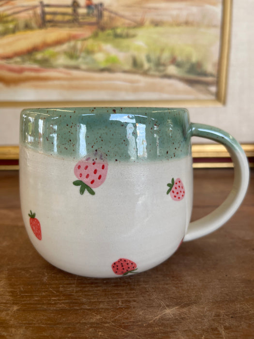 Handmade Wheel-Thrown Ceramic Strawberry Mug with Green Glaze Interior
