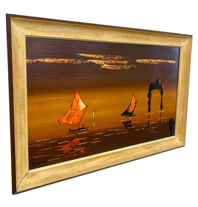 Framed Modern Coastal Sailboat Landscape Painting Signed "Linda" - Abstract
Seascape Wall Art