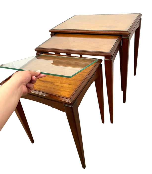 mid century Modern Nesting Table with Removable Glass Tops, Set of Three
