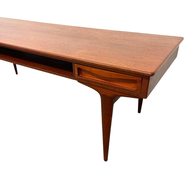 Vintage Mid Century Modern Danish Style Coffee Table with Sculpted Drawer Pulls and Open Shelf Storage