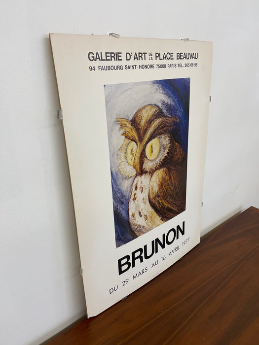 Vintage 1977 Brunon Exhibition Poster Paris Galerie d'Art de la Place Beauvau Owl Artwork