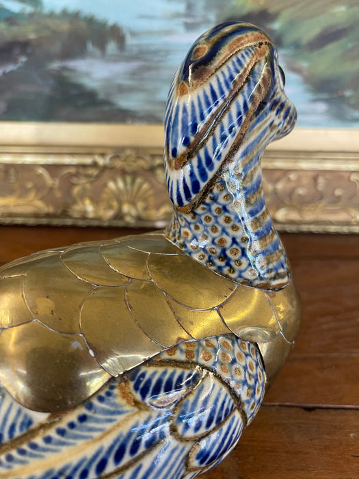 Vintage Chinese Cloisonné and Ceramic Duck Figurine with Hand-Painted Detailing