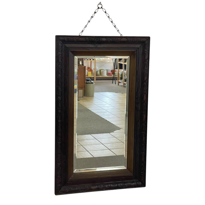 Victorian 1890s UK import Carved Oak Wall Mirror with Beveled Glass and Hanging Chain