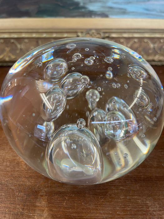 Vintage Mid-Century Modern Clear Glass Paperweight with Controlled Bubbles