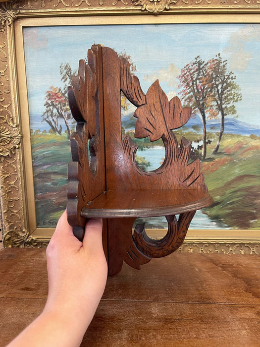 Vintage Ornate Hand Carved Wooden Corner Hanging Shelf With Leaf Motif.