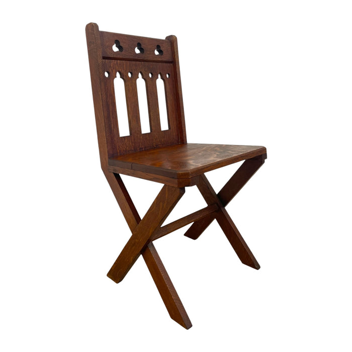 Antique Gothic Revival Oak X-Frame Accent Chair