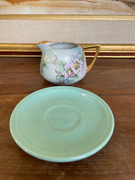 Vintage Hand-Painted Floral Creamer and Saucer Set with Gold Trim