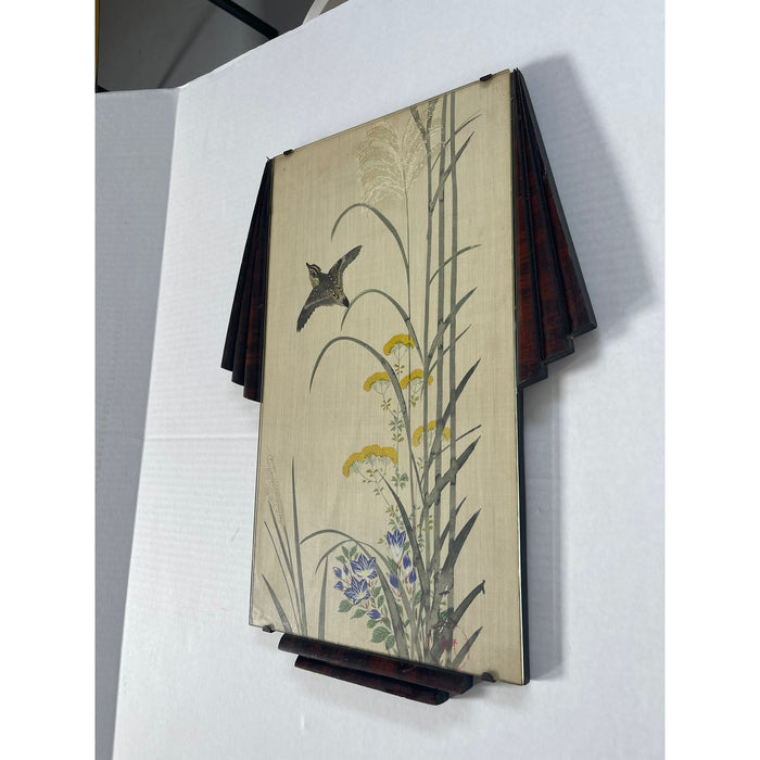 Bird Flying Through Flowers Scene Silk Painting With Art Deco Frame