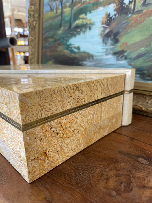 Vintage Possibly Tessellated Stone and Brass Toned Inlay Jewelry or Keepsake Box with Velvet-like Interior.