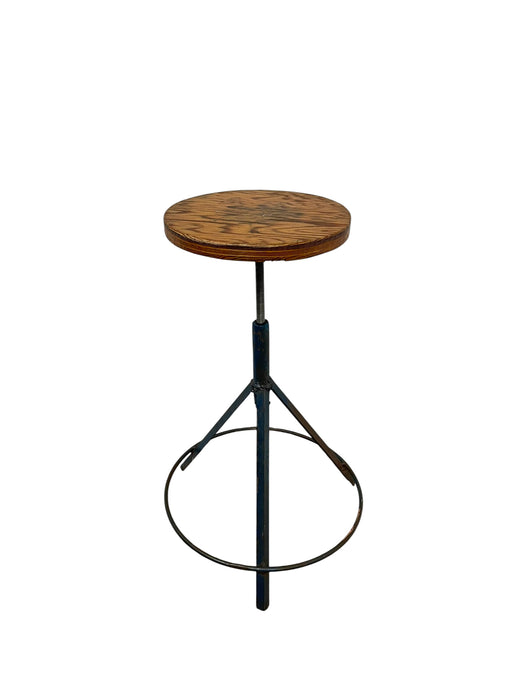 Vintage Industrial Stool with Solid Wood Round Seat and Metal Tripod Base