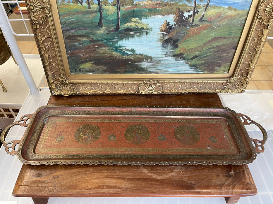 Vintage Hand-Etched Peacock Serving Tray - Made in India